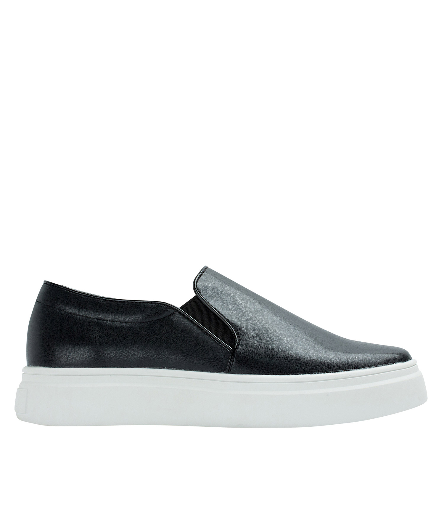 black faux leather slip on sneakers