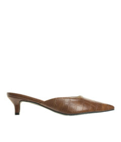 AnnaKastle Womens Pointy Toe Kitten Heel Mule Dress Shoes Croc Brown