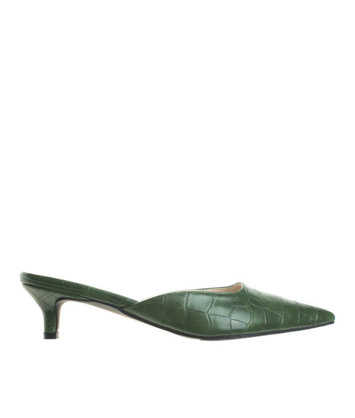 AnnaKastle Womens Pointy Toe Kitten Heel Mule Dress Shoes Croc Green
