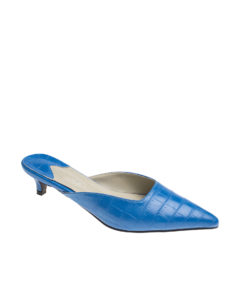AnnaKastle Womens Pointy Toe Kitten Heel Mule Dress Shoes Croc Blue