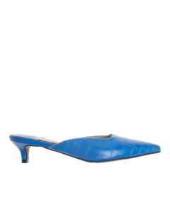 AnnaKastle Womens Pointy Toe Kitten Heel Mule Dress Shoes Croc Blue