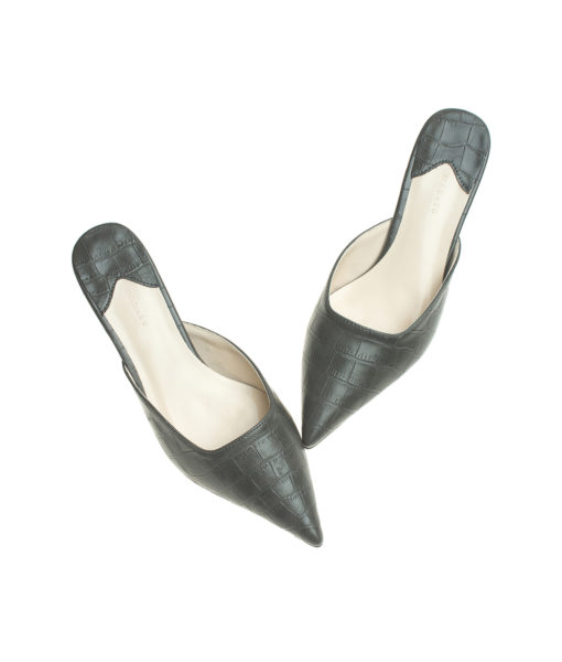 AnnaKastle Womens Pointy Toe Kitten Heel Mule Dress Shoes Croc Charcoal