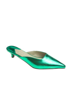 AnnaKastle Womens Pointy Toe Kitten Heel Mule Dress Shoes Metallic Green
