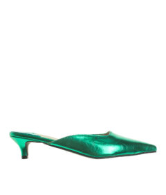 AnnaKastle Womens Pointy Toe Kitten Heel Mule Dress Shoes Metallic Green