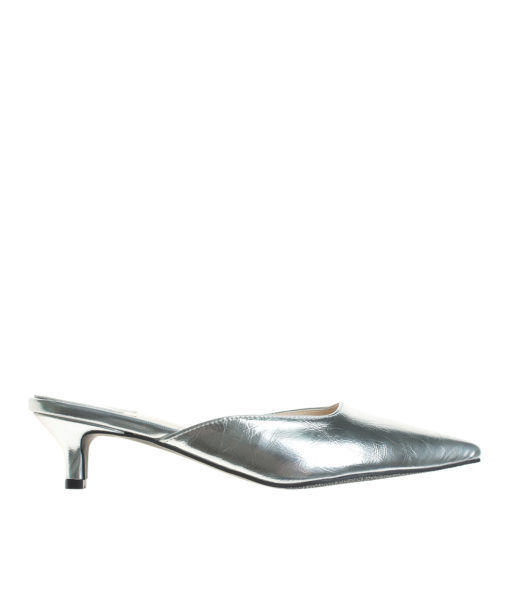 AnnaKastle Womens Pointy Toe Kitten Heel Mule Dress Shoes Metallic Silver
