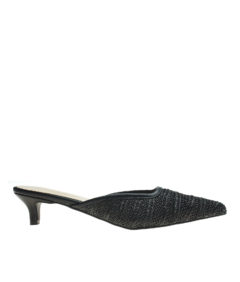 AnnaKastle Womens Pointy Toe Natural Woven Low Kitten Heel Mule Sandals Black