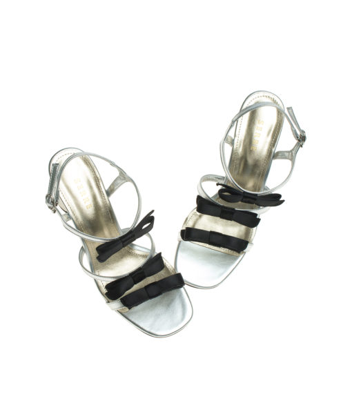 AnnaKastle Womens Satin Bow Front Strappy Block Heel Sandal Silver