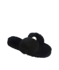 AnnaKastle Womens Faux Pearl Bow Fluffy Slide Slippers Black