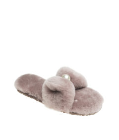 AnnaKastle Womens Faux Pearl Bow Fluffy Slide Slippers Pink