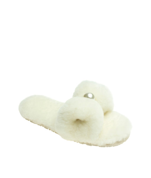 AnnaKastle Womens Faux Pearl Bow Fluffy Slide Slippers White