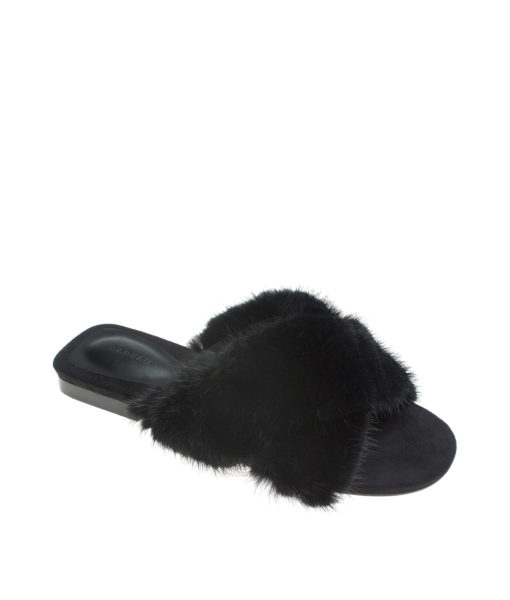 AnnaKastle Womens Criss-Cross Mink Fur Slides Flat Mules Black