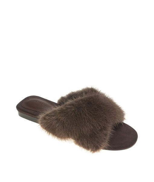 AnnaKastle Womens Criss-Cross Mink Fur Slides Flat Mules Brown
