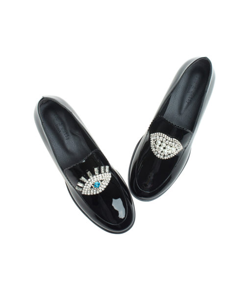 AnnaKastle Womens Sparkling Jeweled Lips Eyes Black Patent Loafers