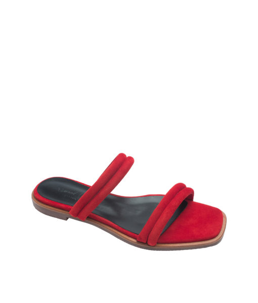 AnnaKastle Womens Puffed Suede Strappy Slide Sandals Red
