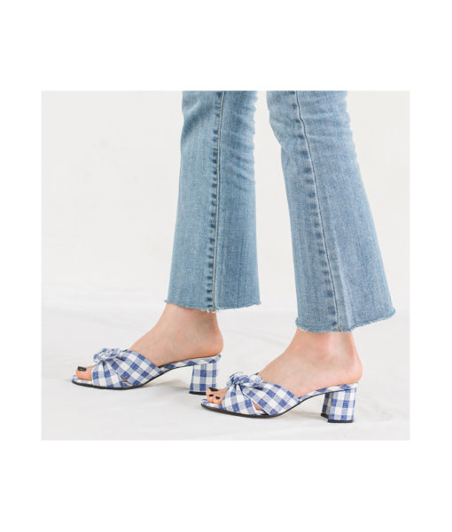 AnnaKastle Womens Knotted Bow Blue Gingham Mule Sandals