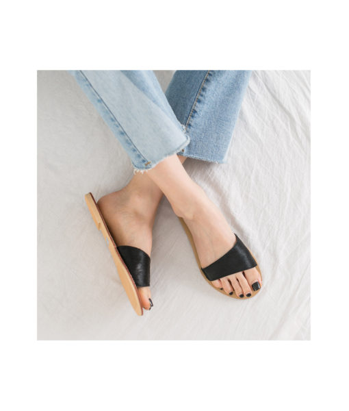 AnnaKastle Womens Asymmetrical Calf Hair Strap Slide Sandals Black