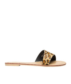AnnaKastle Womens Asymmetrical Calf Hair Strap Slide Sandals Leopard