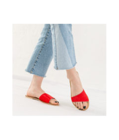 AnnaKastle Womens Asymmetrical Calf Hair Strap Slide Sandals Red