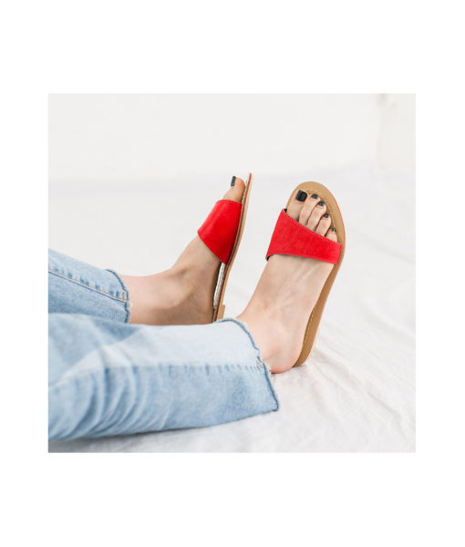 AnnaKastle Womens Asymmetrical Calf Hair Strap Slide Sandals Red
