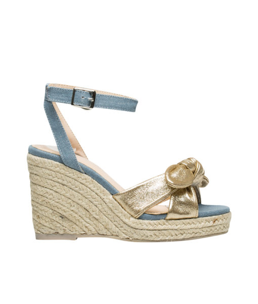 AnnaKastle Womens Knotted Bow Front Espadrille Wedge Sandals DenimBlue + Gold