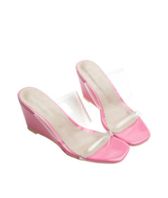 AnnaKastle Womens Double Clear Strap Wedge Heel Mule Sandals Pink