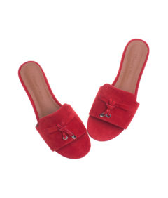 AnnaKastle Womens Metal Charms Suede Leather Slide Sandals Red