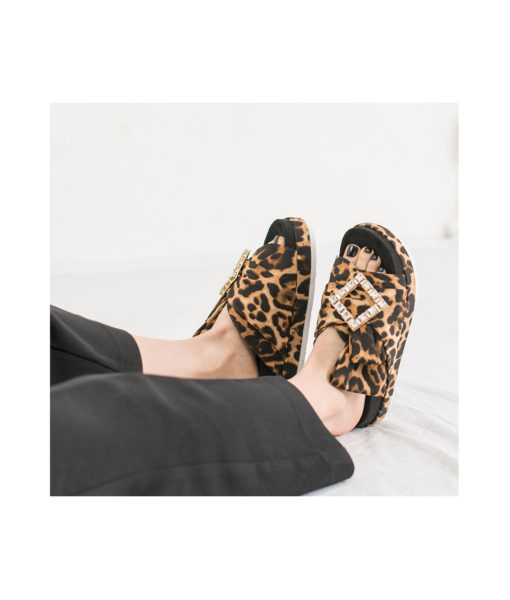 AnnaKastle Womens Rhinestone Buckle Satin Platform Slide Sandals Leopard