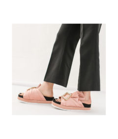 AnnaKastle Womens Rhinestone Buckle Satin Platform Slide Sandals Pink