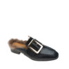 AnnaKastle Womens Square Buckle Fur Lined Mule Loafers Black