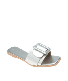AnnaKastle Womens Square Buckle Slide Sandals Silver