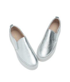 AnnaKastle Womens Solid Leather Platform Slip-On Sneakers Silver