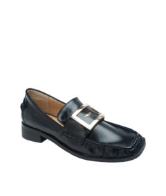 AnnaKastle Womens Goldtone Square Buckled Penny Loafers Black
