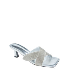 AnnaKastle Womens Rhinestone Crisscross Mule Sandals Silver