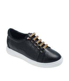 AnnaKastle Womens Goldtone Jeweled Tube Lace Up Sneakers Black